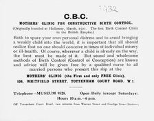 Printed slip advertising the Mothers' Clinic for Constructive Birth Control, London, (c1932?). Creator: Unknown.