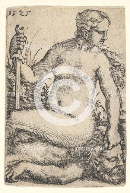 Judith, looking towards the right, seated nude atop the dead body of Holofernes, with a sw..., 1525. Creator: Barthel Beham.