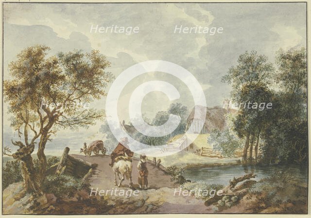 Landscape with trees, a path leading over a bridge in the foreground, late 18th century. Creator: Gottlieb Welte.