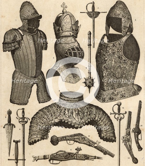 Various royal armors, helmets, bladed weapons and firearms.