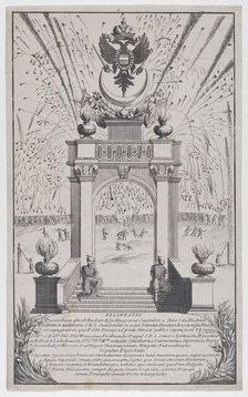 Fireworks and triumphal arch erected in Buda to celebrate the expulsion of the Turks, Sept..., 1686. Creator: Anon.