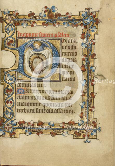 Initial D: An Angel Holding Up the Sudarium; Book of Hours, about 1405-1410. Creator: Masters of Dirc van Delf.