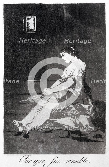 Los Caprichos, series of etchings by Francisco de Goya (1746-1828), plate 32: 'Porque fue sensibl…