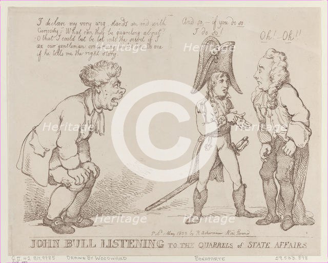John Bull Listening to the Quarrels of State Affairs, May 1, 1803., May 1, 1803. Creator: Thomas Rowlandson.