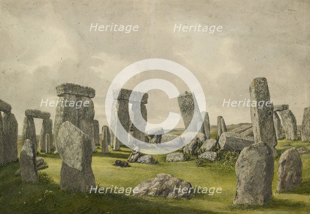 The Interior of Stonehenge in its present state, showing interior of stones, man and dog, 1824-1839. Artist: Henry Browne.