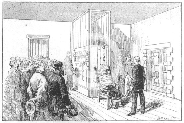 Execution of Kemmler, the first man to die in the electric chair, USA, 6 August 1890. Artist: Unknown