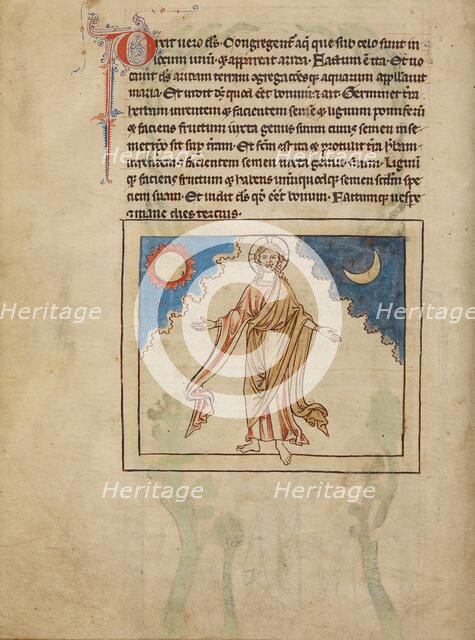 The Creation of the Sun, Moon, and Stars; Northumberland Bestiary, about 1250-1260. Creator: Unknown.