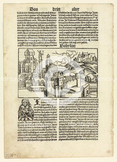 Babylon from Schedel Weltchronik (Schedel's World History), Plate 9 from Woodcuts..., 1929. Creators: Unknown, Johann Schönsperger the Elder, Hartmannus Schedel, Wilhelm Ludwig Schreiber.