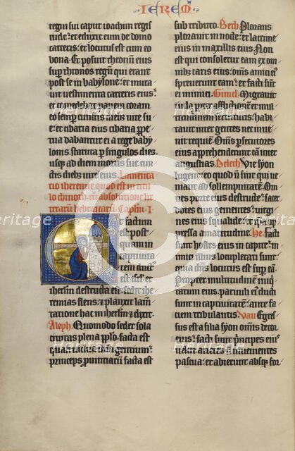 Initial E: Jeremiah Lamenting Jerusalem; Marquette Bible, about 1270. Creator: Unknown.