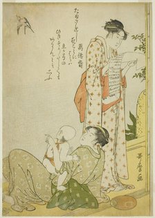 Evening Cool on the Verandah (Ensaki no yusuzumi): Genre scenes with kyoka poems, in..., c. 1788/90. Creator: Kitagawa Utamaro.