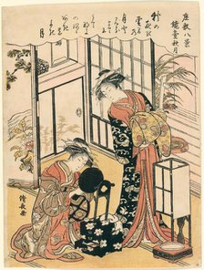 A Mirror on a Stand Suggesting the Autumnal Moon (Kyodai no shugetsu), from the series..., c. 1777. Creator: Torii Kiyonaga.