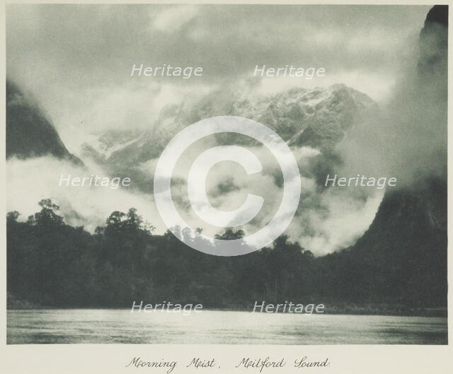 Morning mist, Milford Sound. From the album: Camera Pictures of New Zealand,  1920s. Creator: Harry Moult.