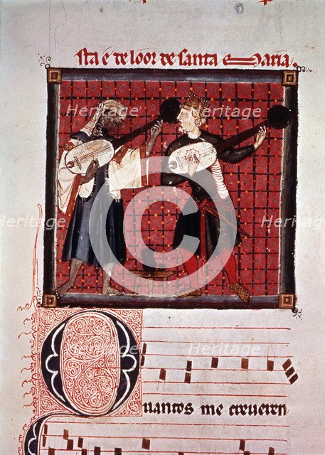Moor and Christian playing the lute, miniature in the 'Music book' from the 'Cantigas of Alphonse…