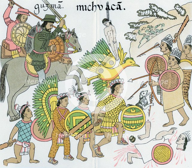 Battle between Nuno de Guzman and inhabitants of Michuacan, Mexico, 16th century. Artist: Unknown