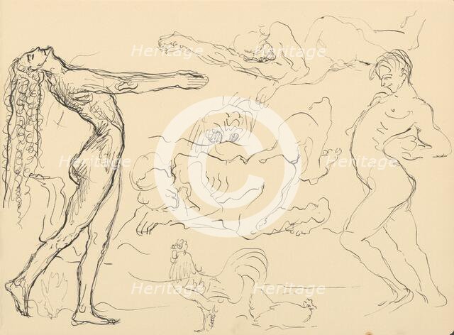 Sketchbook 20 Figures and a Rooster with a Hen, 1st half 20th century. Creator: Arnold Peter Weisz-Kubincan.