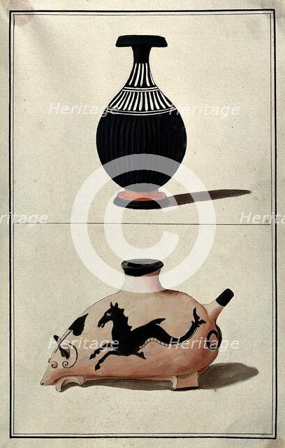 Above, a black Greek vase (perfume bottle?); below, vessel in the form of an animal, 1760-1769. Creator: Augustin Dahlsteen.