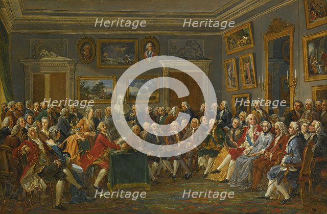 A reading of Voltaire's tragedy L'Orpheline de la Chine in the salon of Madame Geoffrin. Artist: Lemonnier, Anicet Charles Gabriel (1743-1824)