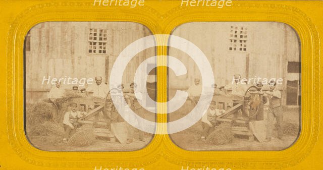 Men working on hay chafing machine, about 1865. Creator: Unknown.