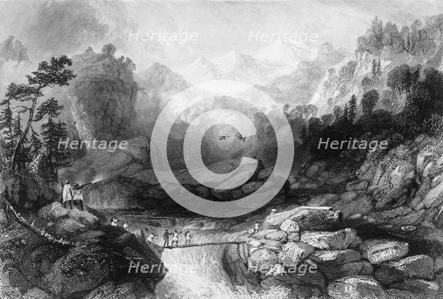 'Crossing by a Sangha, near Jumnootree', 1838. Creator: George Francis White.