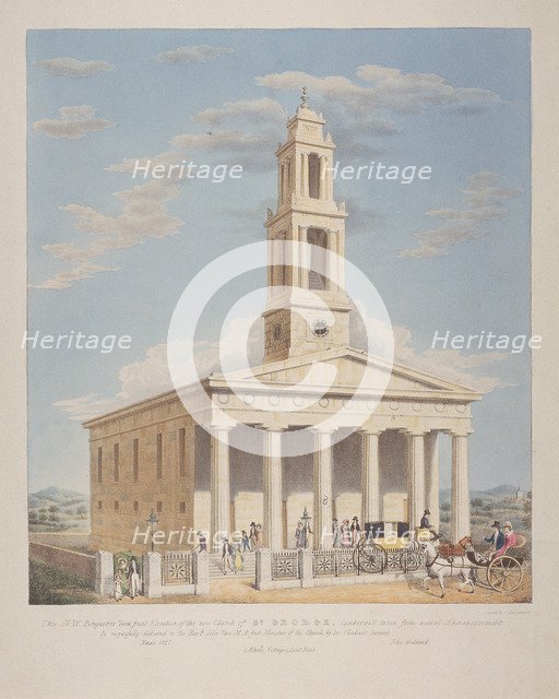 North west view of St George, Camberwell with figures in the front. Camberwell, London, 1827. Artist: Charles Joseph Hullmandel