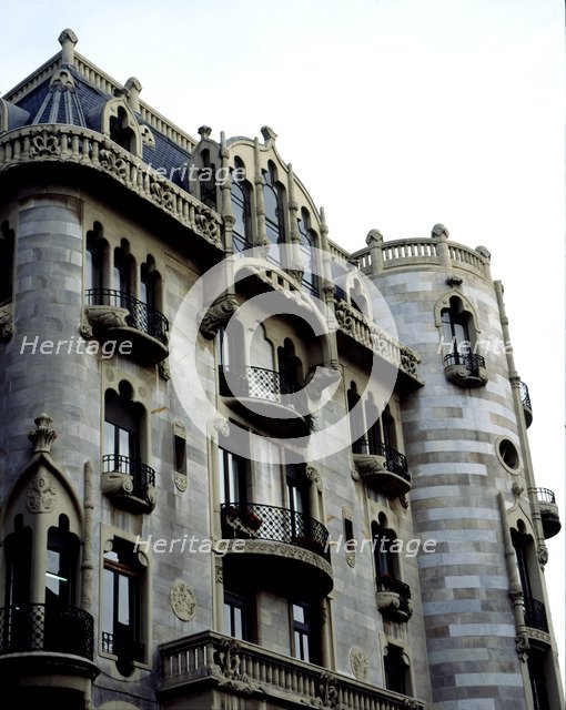 Detail of the façade of the Fuster House, designed by modernist architect Lluís Domenech i Muntan…