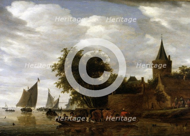  'River Scene with Ferry', 1664 by Salomon Ruisdael.