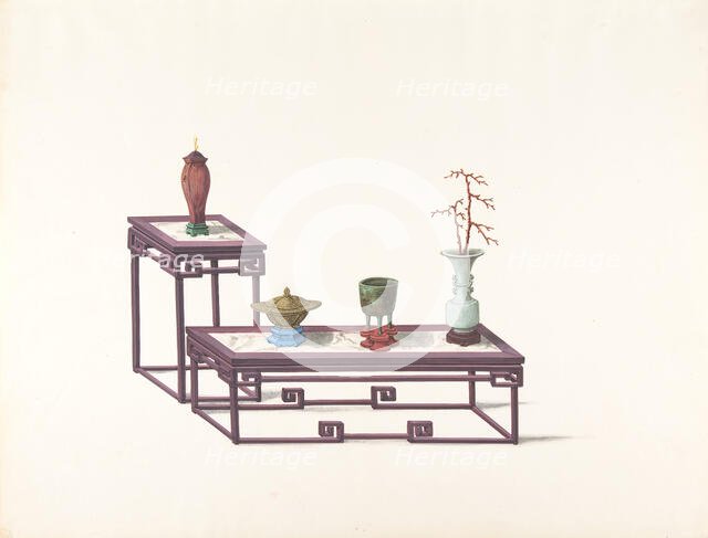 Two Tables with a Purple Finish, One with a Red Vase, the Other with Three Vases, 19th century. Creator: Anon.
