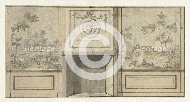 Design for room wall with fireplace in grey with medallion, c.1752-c.1819. Creator: Juriaan Andriessen.