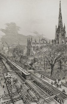 Panoramic view of the new elevated railway, Gilbert system, taken from New Church St, New York 1878. Creator: Unknown.