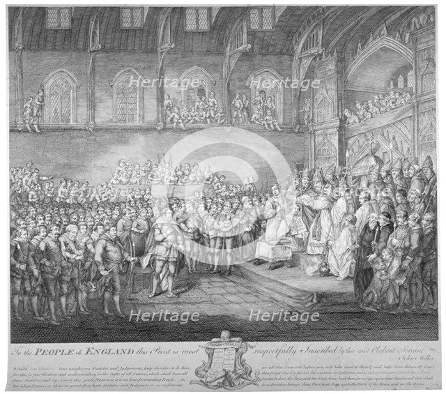 Henry III renewing and confirming the Magna Carta, Westminster Hall, London, 13th century (c1800). Artist: John Miller