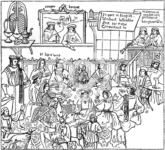 A dinner party, late 15th century, (1910). Artist: Unknown