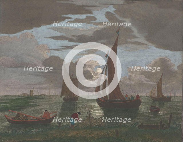 View off the coast with ships and boats on the water in moonlight, 1753-1797. Creators: Pierre François Basan   , Pierre Fouquet, Pierre Jacques Duret.