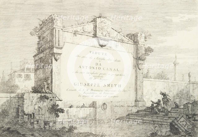 Title page with a large wall of a classical ruin, with a figure seated at right pointin..., 1735-46. Creator: Canaletto.