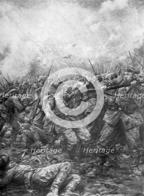 'German soldiers under fire from allied guns', Flanders, World War I, 1914, (1926).Artist: J Simont