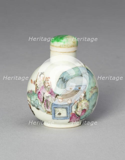 Snuff Bottle with a Boy, Gentleman, Buffalo, and Two..., Qing dynasty, Daoguang reign, (1820-1850). Creator: Unknown.