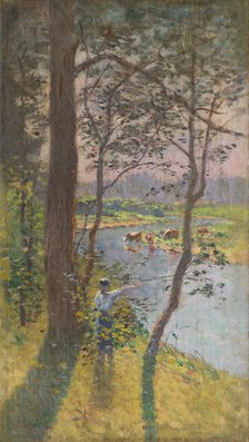 Landscape with cattle drinking at a river, c1900. Creator: Ferdinand Katona.