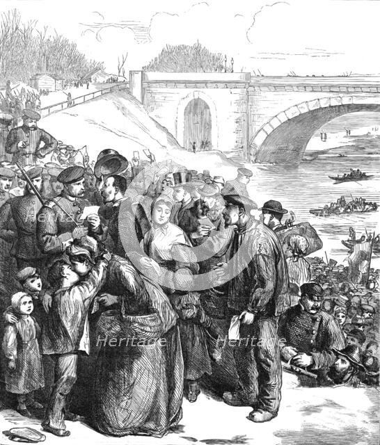 French coming into the Prussian lines for bread, at the ferry of Sevres, 1871. Creator: Unknown.