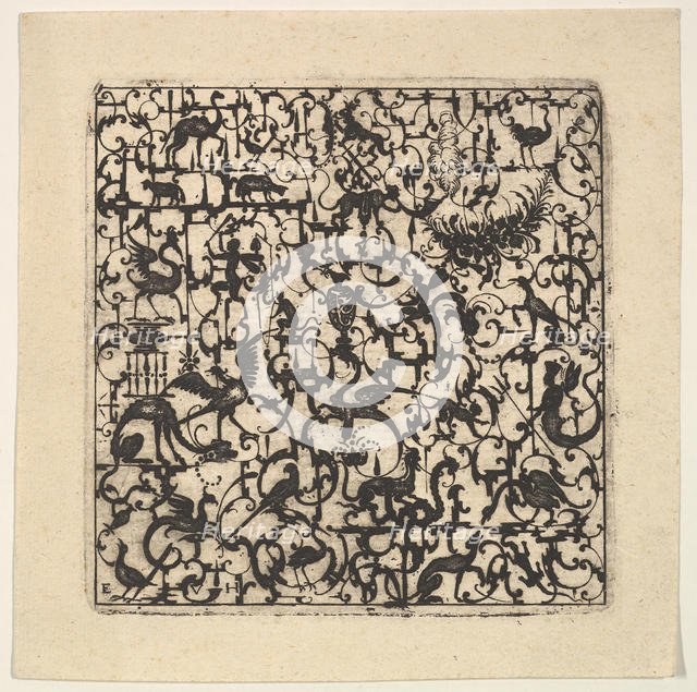 Square Blackwork Design in Silhouette Style with Schweifwerk and Grotesque Figures, 1617. Creator: Esaias von Hulsen.