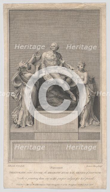 Shakespeare Seated Between the Dramatic Muse and the Genius of Painting, 1797. Creator: James Stow.