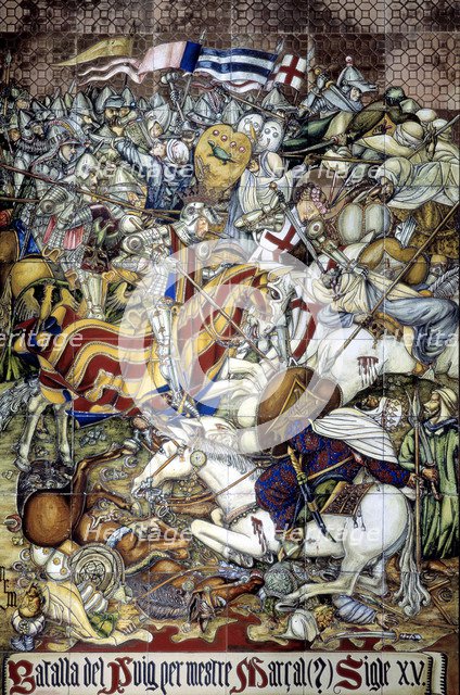 Battle of the Puig' 1237 Ceramic tile panel with Jaime I 'El conquistador'' (1208-1276), King of …