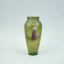 Hand-painted glass vase showing lady golfer, 10 1/2 inches high, c1905. Artist: Unknown