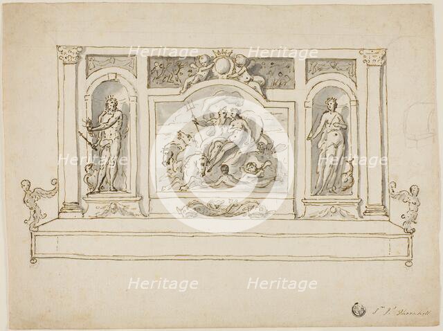 Neptune and Amphitrite Flanked by Jupiter and Juno: Design for Painted Hall or Garden Bench, n.d. Creator: Sir James Thornhill.