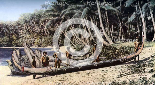 Native canoe on a palm shaded beach, Solomon Islands, c1923. Artist: York & Son