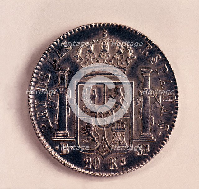 Back of a coin of 20-reales in silver, Ferdinand VII. Mint: Barcelona, 1823.