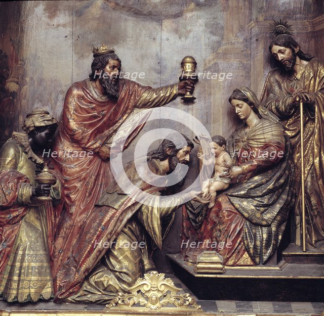  'Adoration of the Magi', sculptural group in the side altar of the church of San Felipe Neri in …