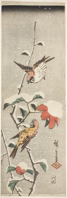 Sparrows and Camellia in Snow, c. 1837/48. Creator: Ando Hiroshige.