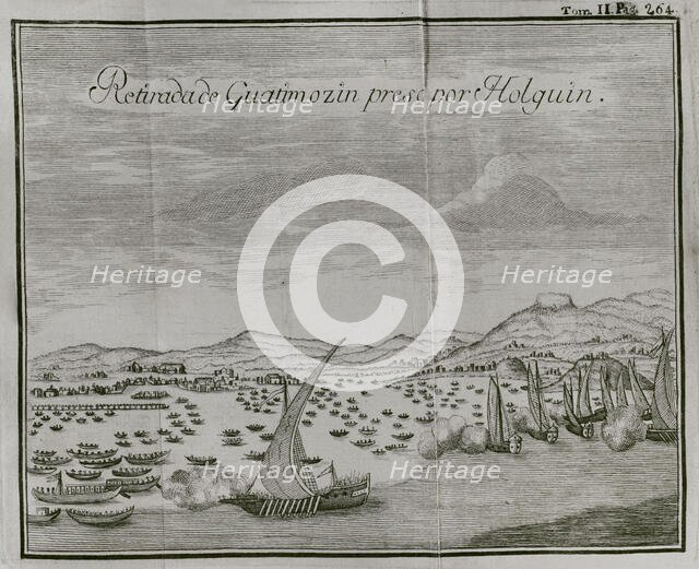 The capture by the Spaniards of Guatimocin, (1496-1525), last emperor of the Aztecs...1521 (1771) Creator: Unknown.