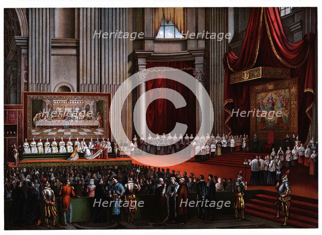 Pontifical ceremonies. Cardinals pedilavium, color engraving, 1871.