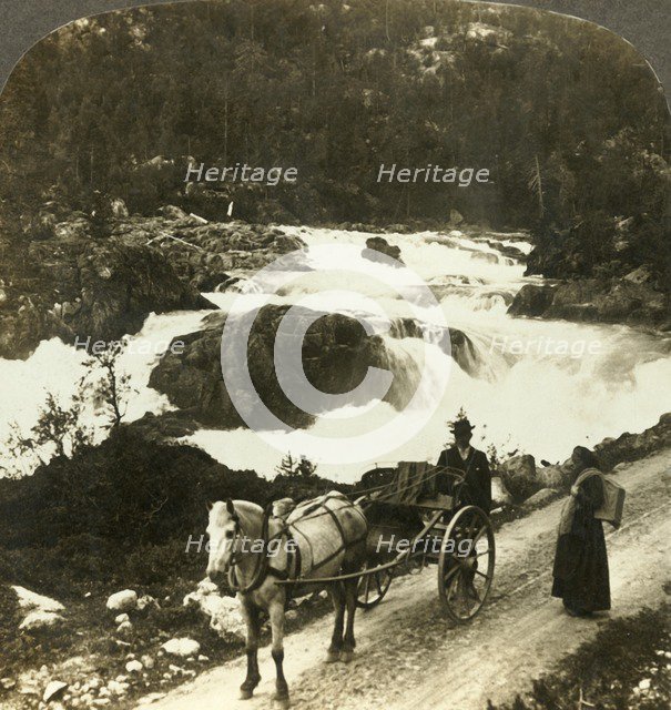 'Halt of a stolkjaerre on the Telemarken road beside the foaming Little Rjukan Falls, Norway', c1905 Creator: Unknown.