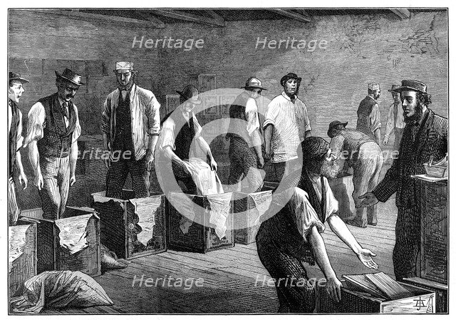 Refilling chests in a tea warehouse, 1874. Artist: Unknown
